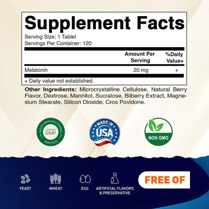Vitamatic Melatonin 20mg for Sleep Support | Vegetarian, Non-GMO, Gluten Free | HIGH Potency 20 MG | Natural Berry Flavor 120 Vitamatic