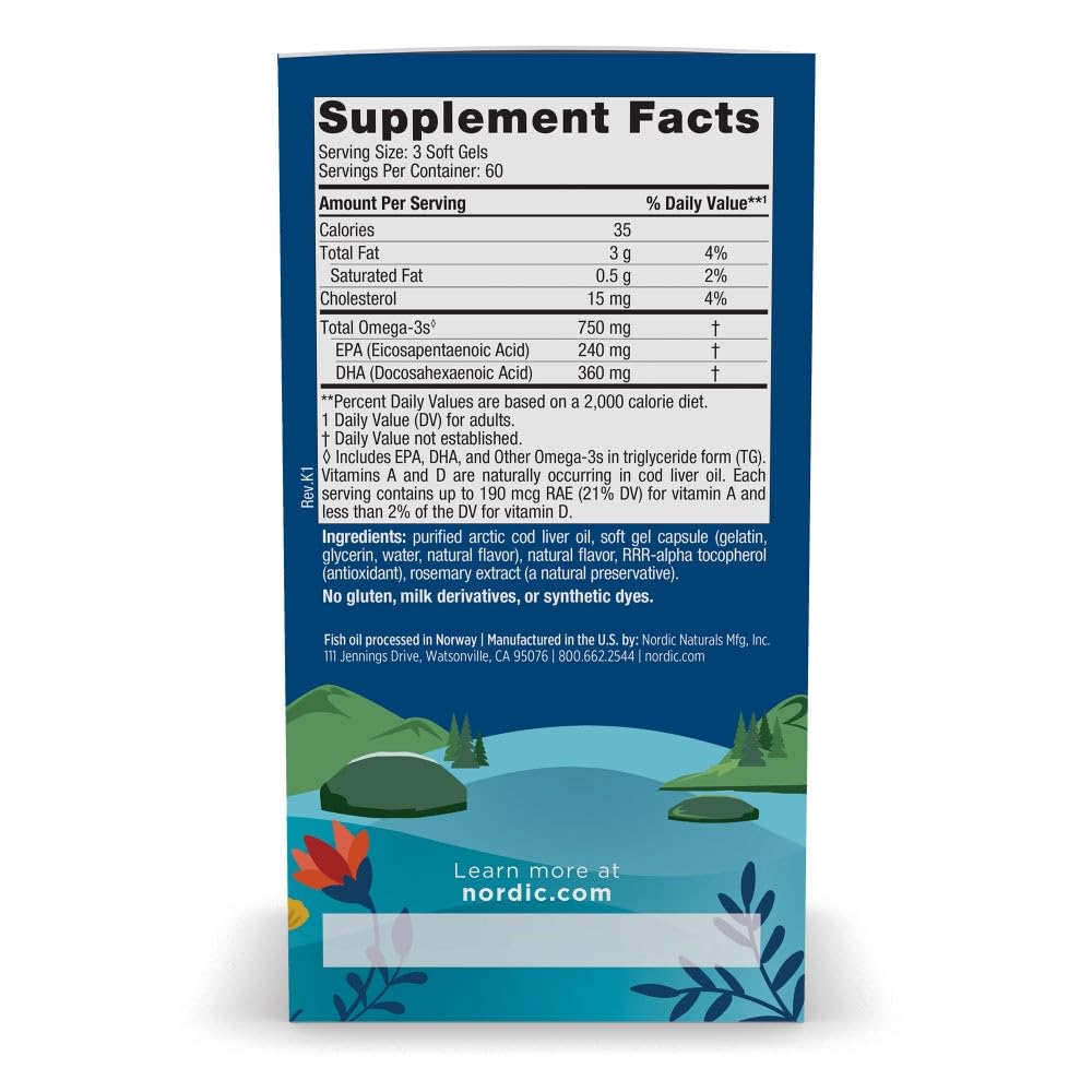 Nordic Naturals Arctic Cod Liver Oil, Lemon - 180 Soft Gels - 750 mg Total Omega-3s with EPA & DHA - Heart & Brain Health, Healthy Immunity, Overall Wellness - Non-GMO - 60 Servings Nordic Naturals buy australia supplements
