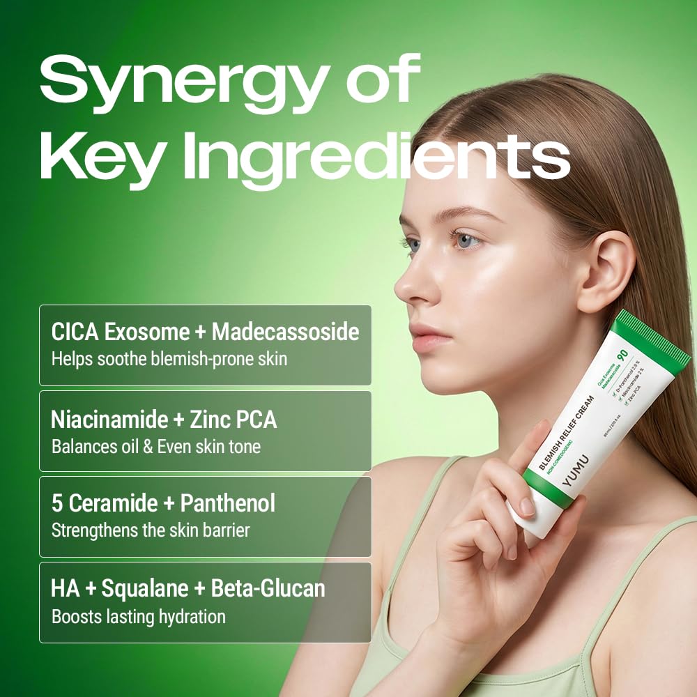 YUMU Cica Exosome Zinc Blemish Relief Cream, Face Moisturizer for Sensitive, Acne-Prone Skin, Lightweight, Breakouts, Barrier Repair, Hydration, Soothing, Oil-Free, Korean Skincare (80 ml/2.70 fl.oz.) YUMU