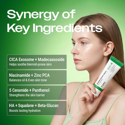 YUMU Cica Exosome Zinc Blemish Relief Cream, Face Moisturizer for Sensitive, Acne-Prone Skin, Lightweight, Breakouts, Barrier Repair, Hydration, Soothing, Oil-Free, Korean Skincare (80 ml/2.70 fl.oz.) YUMU