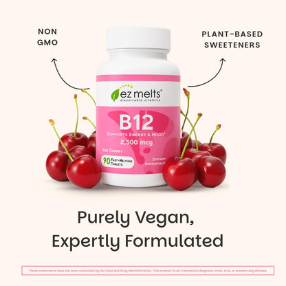 EZ Melts Dissolvable B12 2,500 mcg - Vitamin B12 for Energy & Immune Support - Non-GMO, Vegan & Gluten-Free EZ Melts