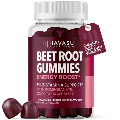 Beet Root Gummies with COQ10 & Pomegranate - Nitric Oxide Supplement for Men and Women - Beetroot for Endurance, Performance, Recovery - Vegan, Non-GMO, Gluten Free - HAVASU NUTRITION