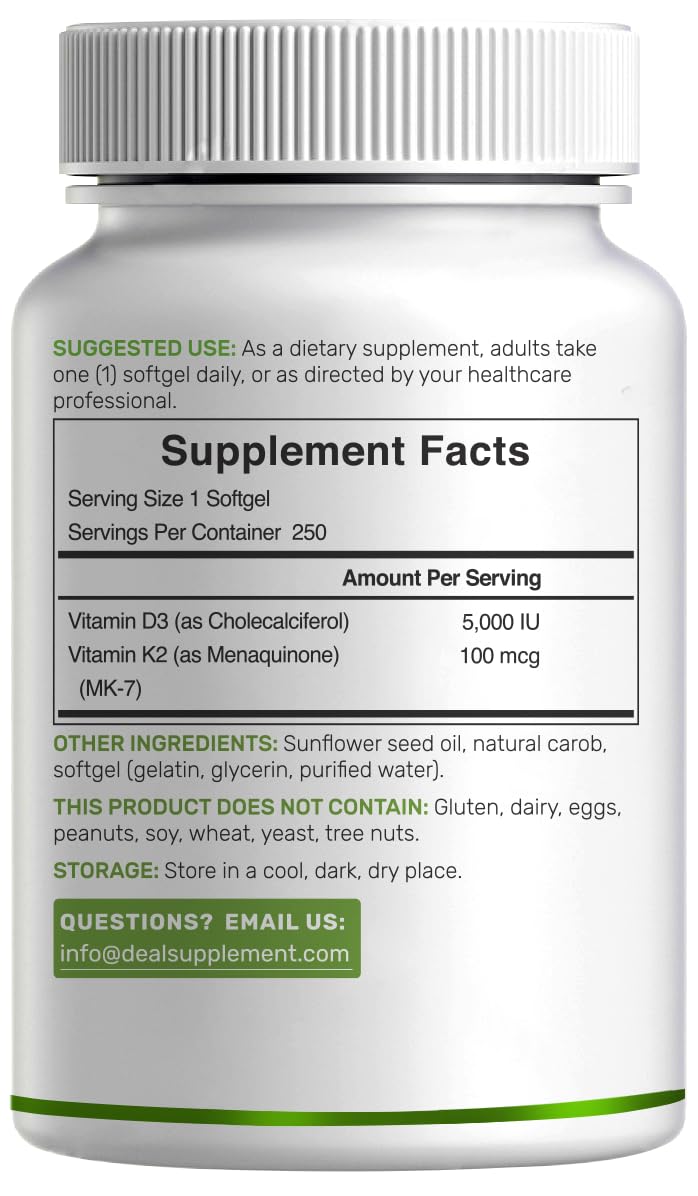 DEAL SUPPLEMENT Vitamin D3 5,000 IU + K2 MK7 Softgels, 250 Count | 2-in-1 Complex | Easy to Swallow DEAL SUPPLEMENT