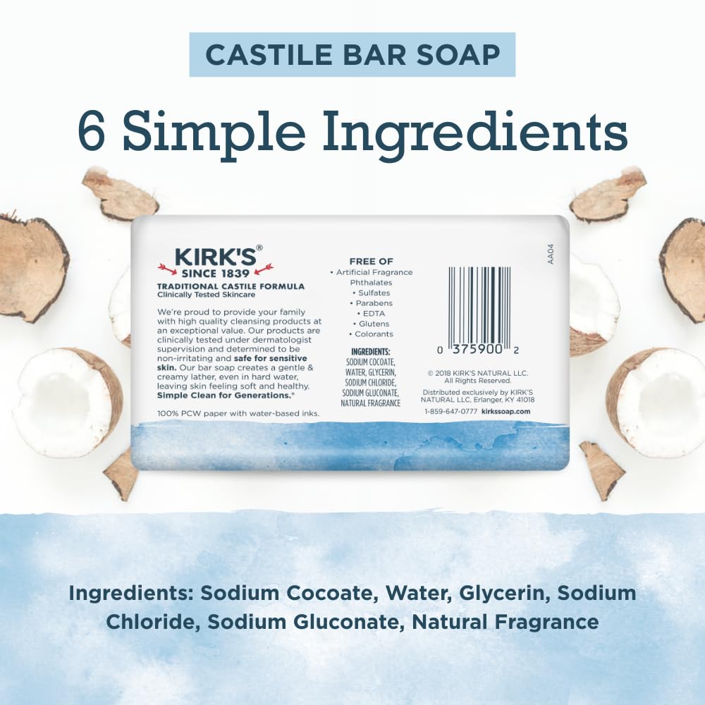 Kirk's Castile Bar Soap, Original Fresh Scent - Clinically Tested, Safe for Sensitive Skin with Coconut Oil, Vegan and Non-GMO - 4 oz Bars, 6 Pack and Fragrance Free Travel Bar Kirk's