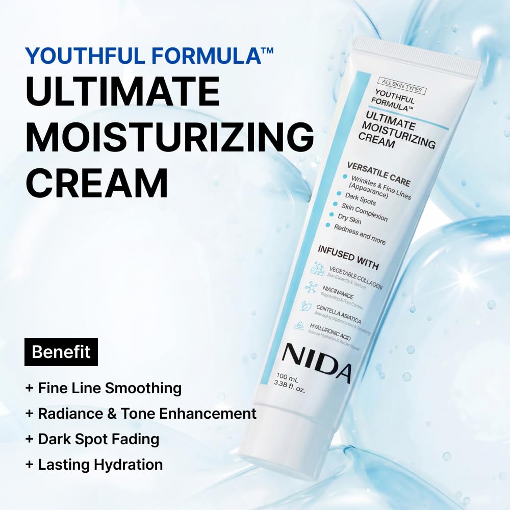 NIDA Youthful Formula™ Ultimate Moisturizing Cream | Centella Asiatica, Niacinamide, Hyaluronic Acid, Collagen | Wrinkles, Fine Lines, Dark Spots, Dry Skin, Redness | 3.38 fl. oz., 100ml NIDA