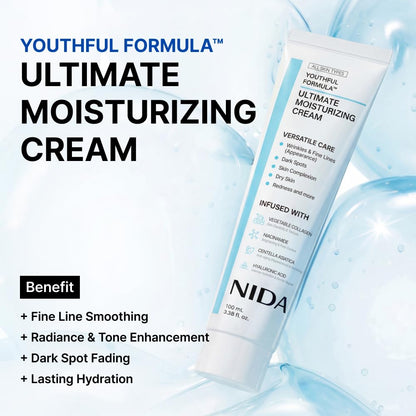 NIDA Youthful Formula™ Ultimate Moisturizing Cream | Centella Asiatica, Niacinamide, Hyaluronic Acid, Collagen | Wrinkles, Fine Lines, Dark Spots, Dry Skin, Redness | 3.38 fl. oz., 100ml NIDA