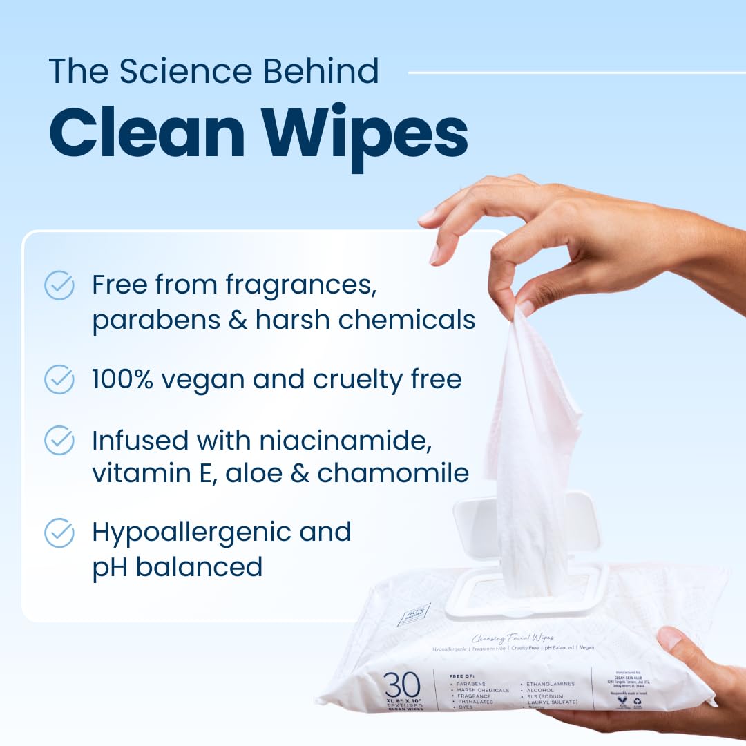 Clean Skin Club Clean Wipes, XL Makeup Remover Face Wipes, Textured Cleansing Facial Wipes for Sensitive Skin, Hypoallergenic, Fragrance-Free, Vegan, 40% Bigger, 30 Count CLEAN SKIN CLUB