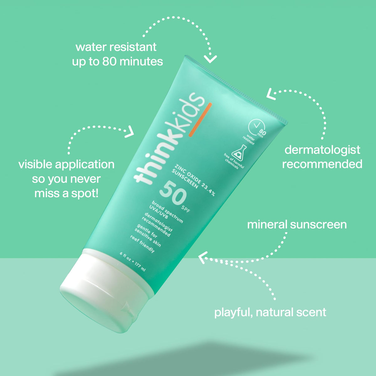 Thinkkids Kids Sunscreen SPF 50+, Mineral Formula, Water Resistant, 6 Fl Oz THINK
