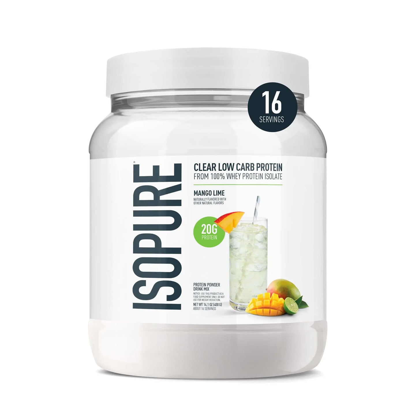Isopure Clear Whey Isolate Protein Powder, Lactose Free, Gluten Free, Naturally Flavored, Mango Lime, 20g Protein Per Serving, 14.1 Oz, 16 Servings (Packaging May Vary) Isopure