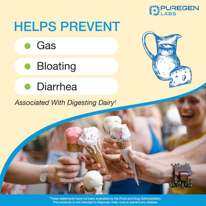 Puregen Labs Dairy Relief Natural Fast Acting Lactase Enzyme 3000 FCC, Lactose Intolerance Pills 90 Caplets P Puregen Labs
