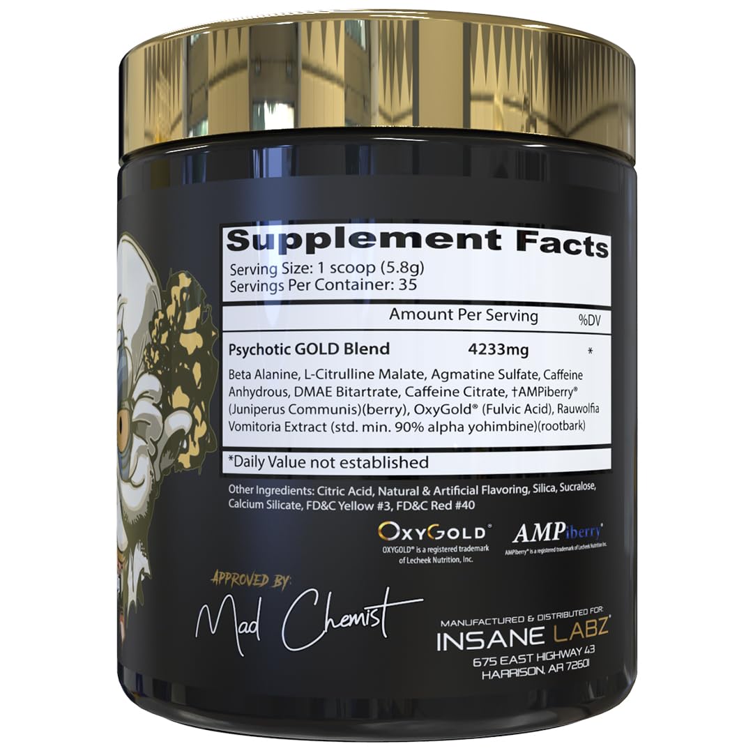 Insane Labz Psychotic Gold, High Stimulant Pre Workout Powder, Extreme Lasting Energy Focus, Pumps and Endurance with Beta Alanine, DMAE Bitartrate, NO Booster (35 Servings, Watermelon)