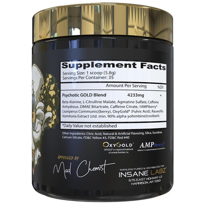 Insane Labz Psychotic Gold, High Stimulant Pre Workout Powder, Extreme Lasting Energy Focus, Pumps and Endurance with Beta Alanine, DMAE Bitartrate, NO Booster (35 Servings, Watermelon)