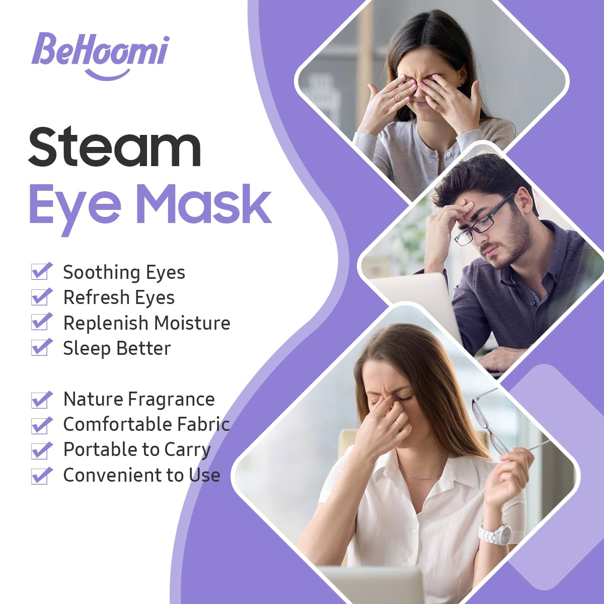 BeHoomi Steam Eye Mask, 10Packs Heated Eye Mask, Self Heating Disposable SPA Warm Compress for Eyes Sleep Mask, Travel Essentials & Relaxation Gifts for Women (Lavender Scent) BeHoomi