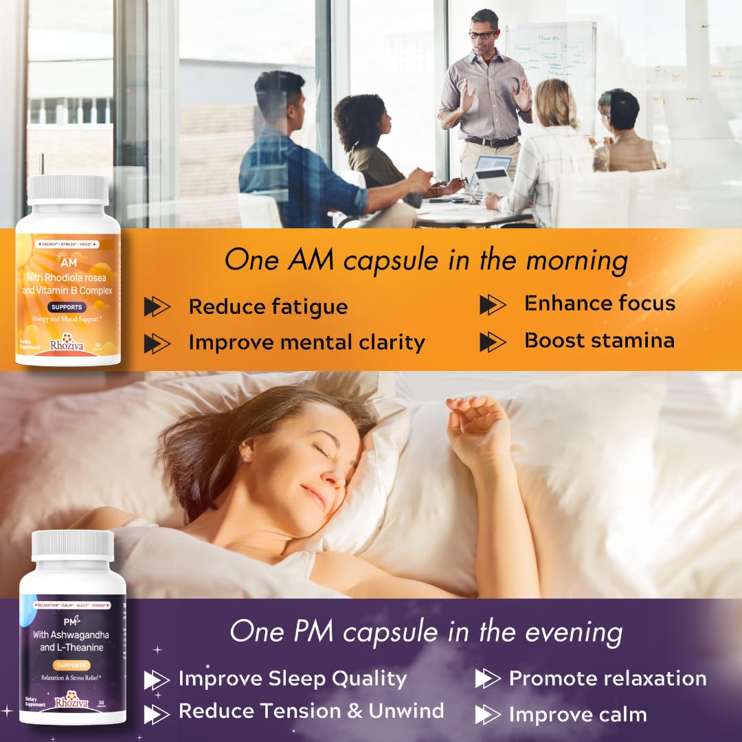 AM PM Multivitamin - Cortisol Supplements for Women and Men with L-Theanine, Ashwagandha - Rhodiola Rosea Supplement 200mg - Vitamin B Complex - Nootropics - Day and Night Vitamins for Women & Men Rhoziva buy australia supplements
