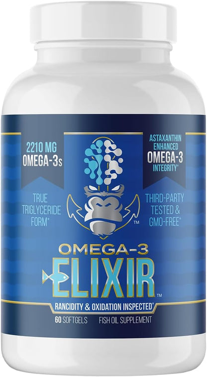 Gorilla Mind Omega-3 Elixir™ | 2210mg Fish Oil Re-Esterified Triglyceride Form | EPA, DHA + 2 Fatty Acids | Astaxanthin Infusion for Bolstered Integrity | 3rd Party & Rancidity Tested | 60 Softgels