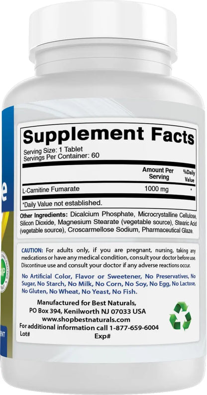Best Naturals L-Carnitine 1000mg 60 Tablets (60 Count (Pack of 1)) Best Naturals