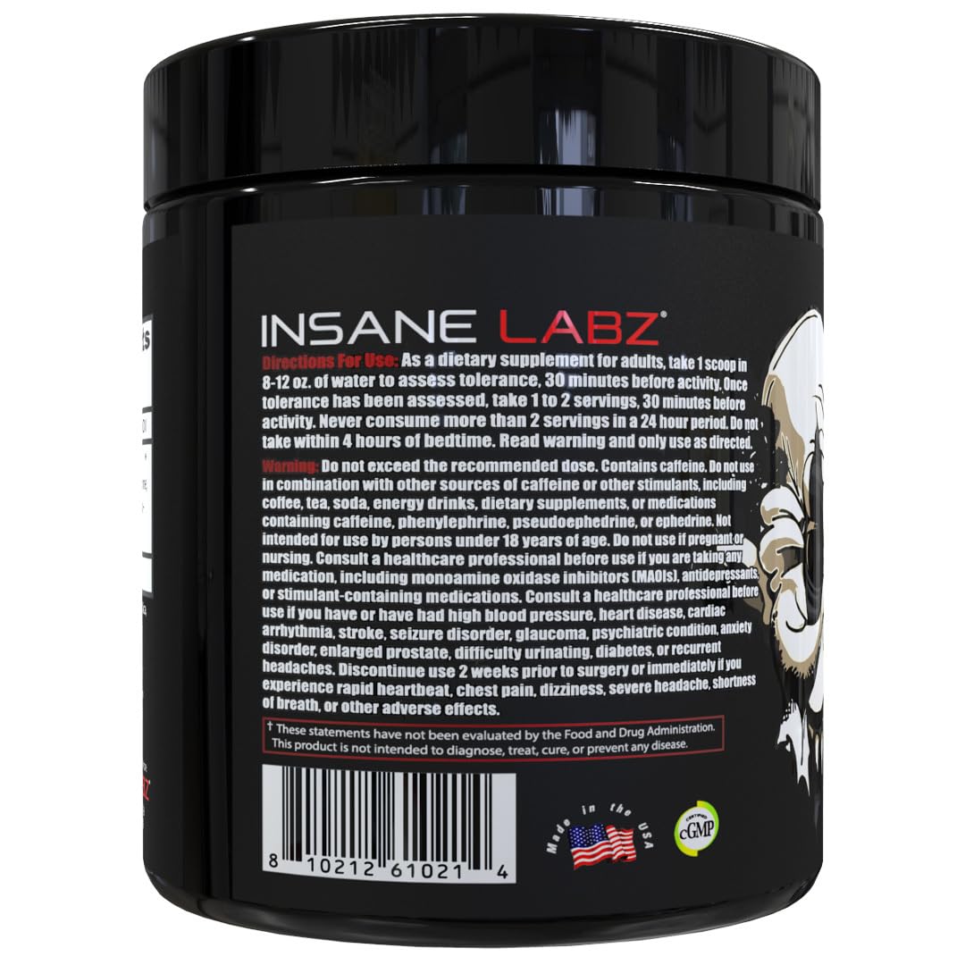 Insane Labz Psychotic Black Edition Mid Stimulant Pre Workout Powder, Energy Focus Pumps, Loaded with Creatine Beta Alanine Taurine Fueled by AMPiberry, 35 Servings (Blue Raspberry)