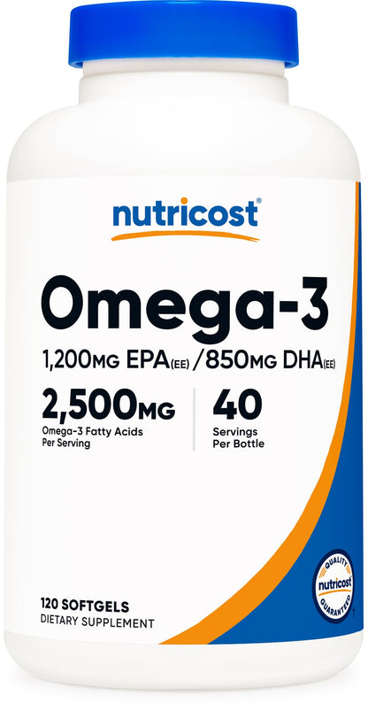 Nutricost Omega 3 Fish Oil - 2500MG, 120 Softgels (40 Serv) - Fish Oil, Wild Caught! 1200mg EPA 850mg DHA Nutricost