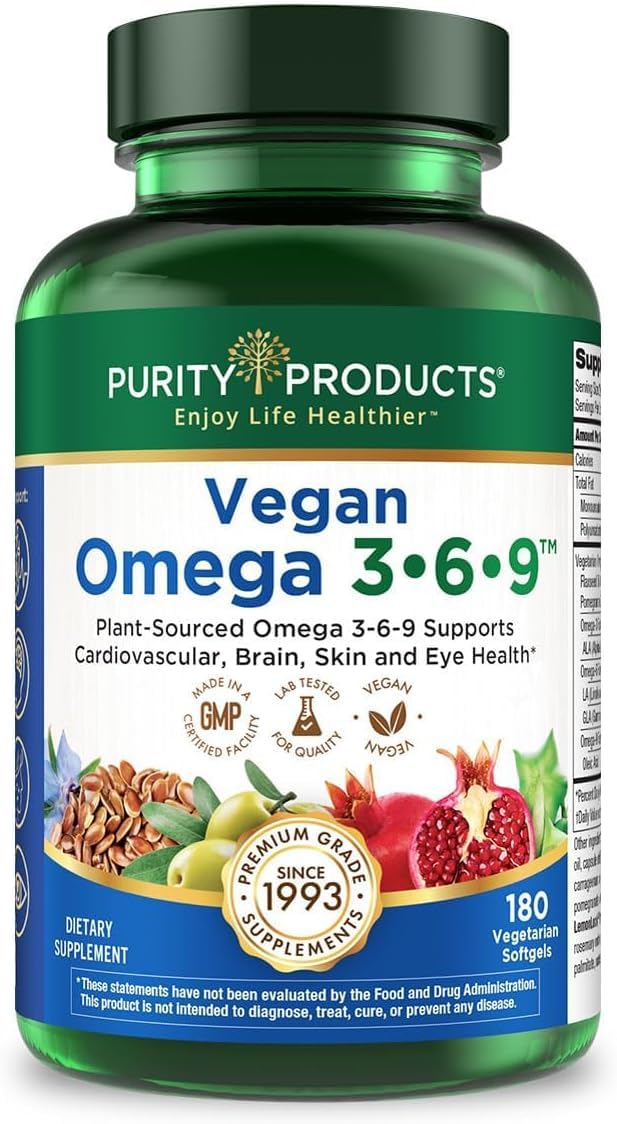 Purity Products Vegan Omega 3 6 9 Formula - “5 in 1” Essential Fatty Acid Complex - Scientifically Formulated Plant-Based Vegan Omega 3-6-9 Essential Fatty Acids Purity Products