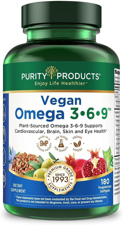 Purity Products Vegan Omega 3 6 9 Formula - “5 in 1” Essential Fatty Acid Complex - Scientifically Formulated Plant-Based Vegan Omega 3-6-9 Essential Fatty Acids Purity Products