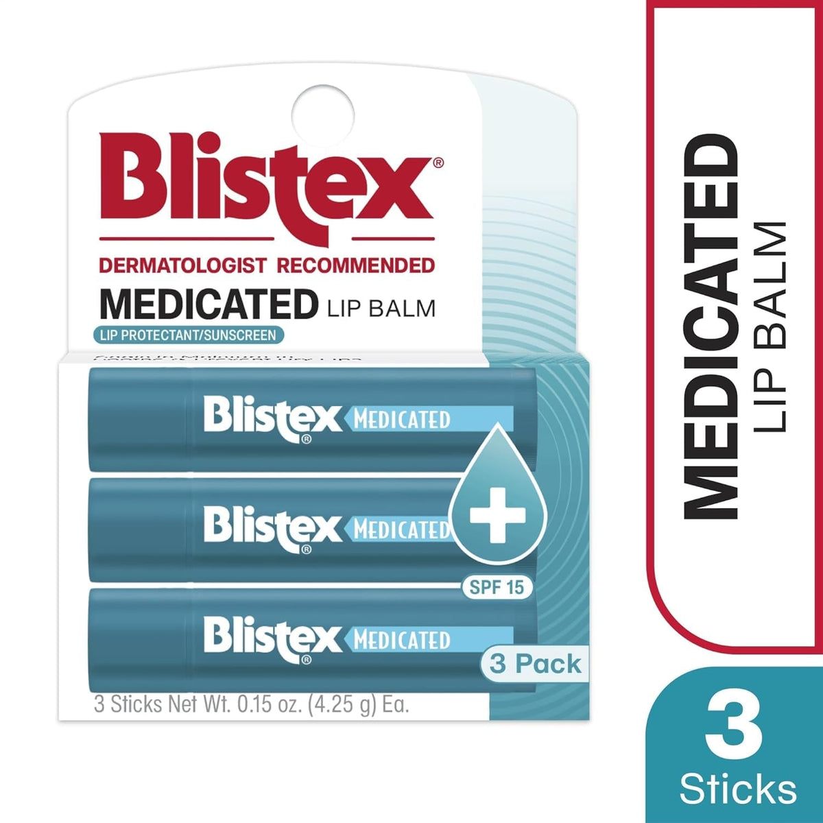 Blistex Medicated Lip Balm SPF 15, 24 Hr Moisture, 0.15 oz, 3 Count Blistex