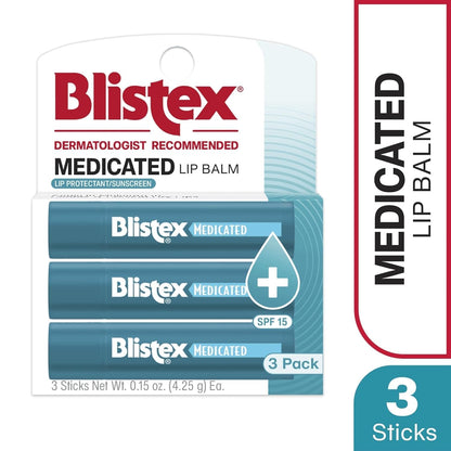 Blistex Medicated Lip Balm SPF 15, 24 Hr Moisture, 0.15 oz, 3 Count Blistex