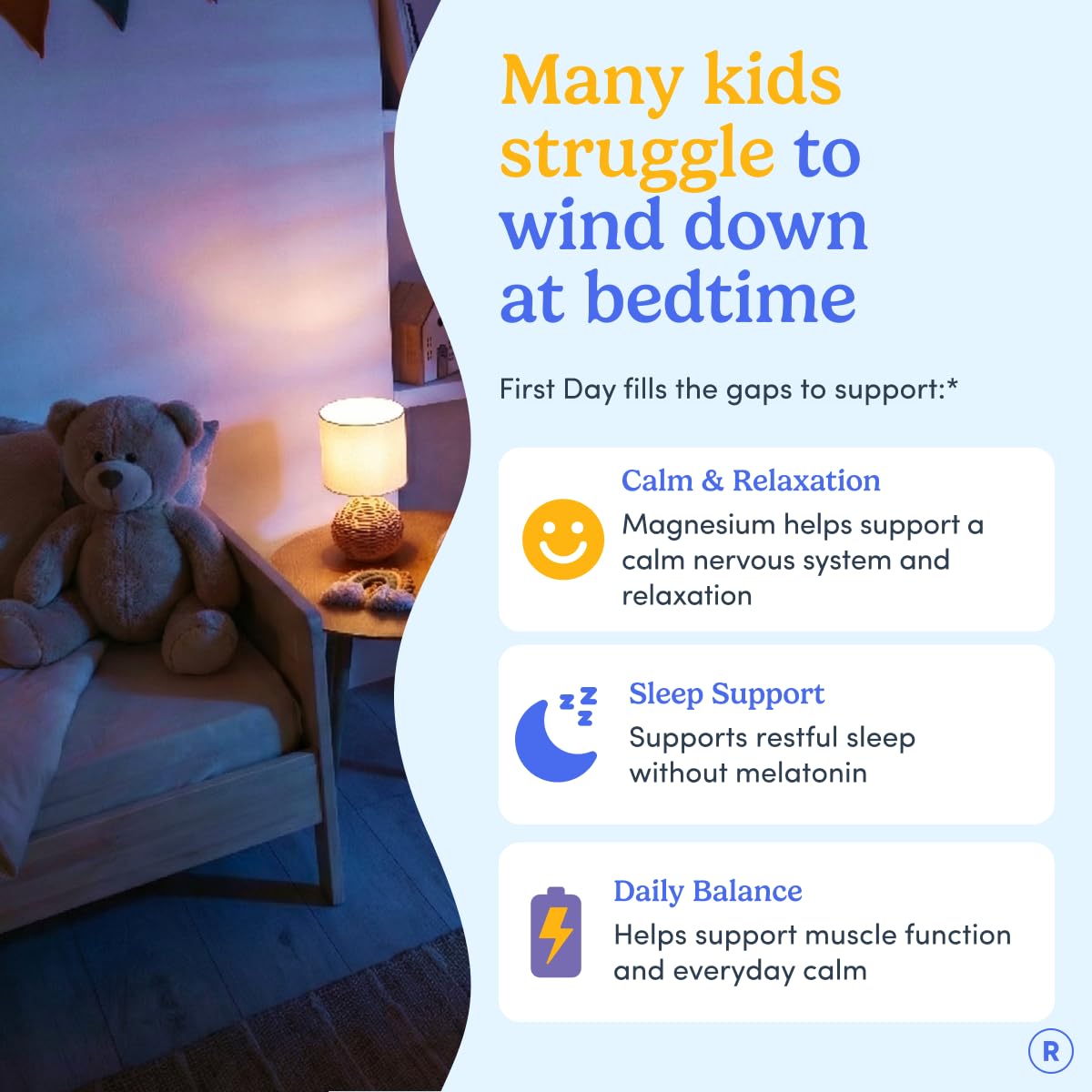 FIRST DAY Kids Magnesium Citrate Gummies (Ages 4+) with No Melatonin | Calm Kids Magnesium Gummies | Bedtime Supplement for Better Sleep with Suntheanine FIRST DAY