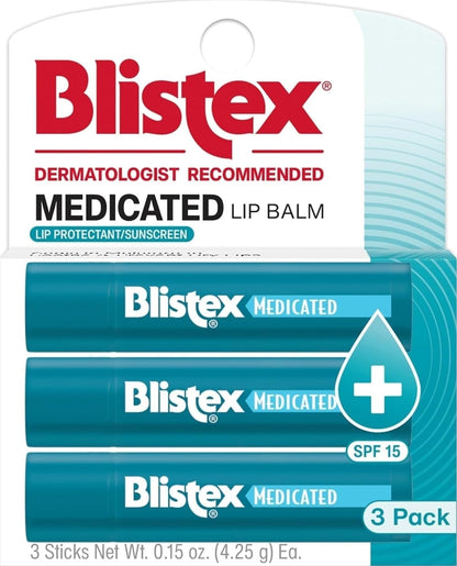 Blistex Medicated Lip Balm SPF 15, 24 Hr Moisture, 0.15 oz, 3 Count Blistex