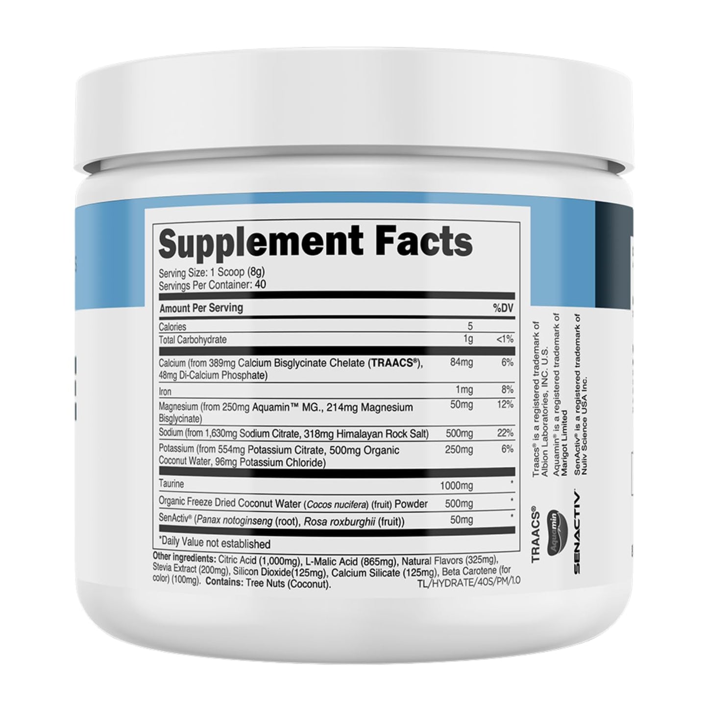 Transparent Labs Hydrate Naturally Sweetened Electrolytes Powder - Hydration Powder Electrolytes with Coconut Water, Calcium, Taurine, & Potassium - 40 Servings, Tropical Punch
