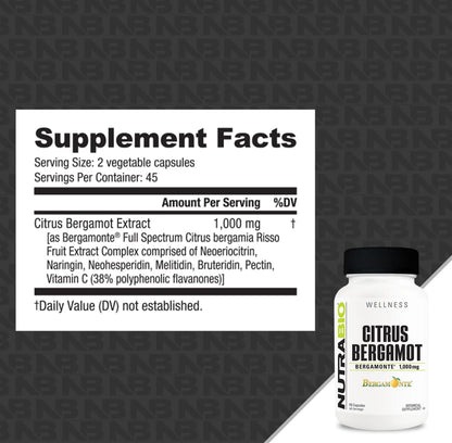 NutraBio Citrus Bergamot Bergamonte Extract Supplement, 1,000mg - May Help Promote Cardiovascular Health and Wellness, 90 Capsules NutraBio