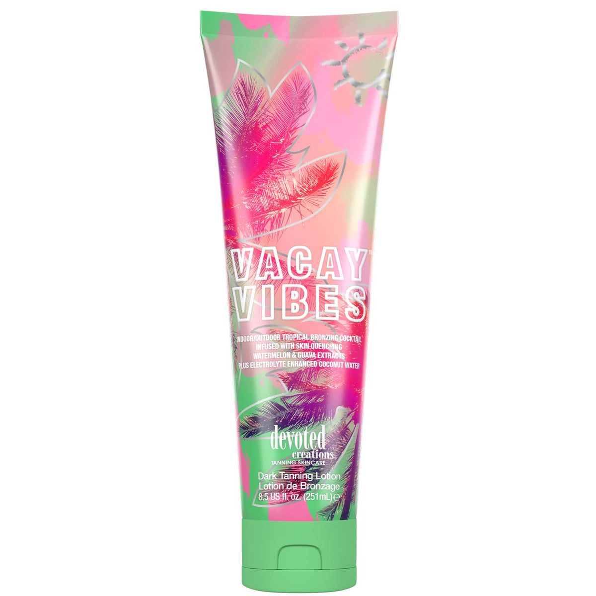 Devoted Creations Vacay Vibes Tanning Lotion – Indoor/Outdoor Tropical Bronzing Cocktail Infused with Skin Quenching Watermelon and Guava Extracts, plus Electrolyte Enhanced Coconut Water – 8.5 oz. Devoted Creations