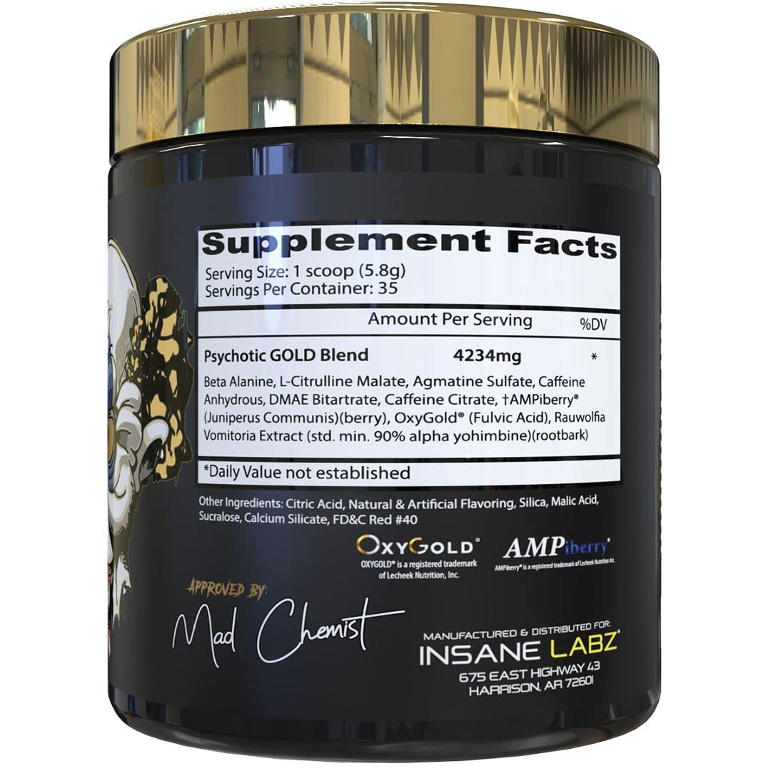 Insane Labz Psychotic Gold and Insane Veinz Gold Pre Workout Nitric Oxide Booster Stack, Increase Muscle Mass, Vascularity, Strength, Energy, Focus, Fruit Punch
