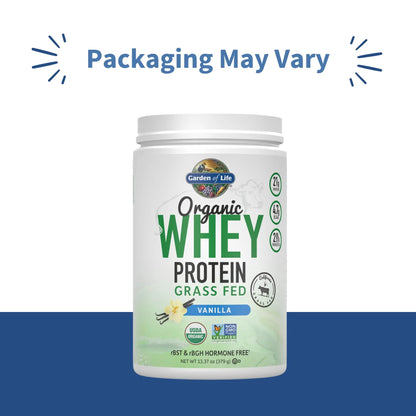 Garden of Life Grass Fed Whey Protein Powder Vanilla - 21g Protein for Women & Men + Probiotics - 12 Servings - Gluten Free, Non GMO, Kosher, Humane, RBST & rBGH Hormone Free Garden of Life