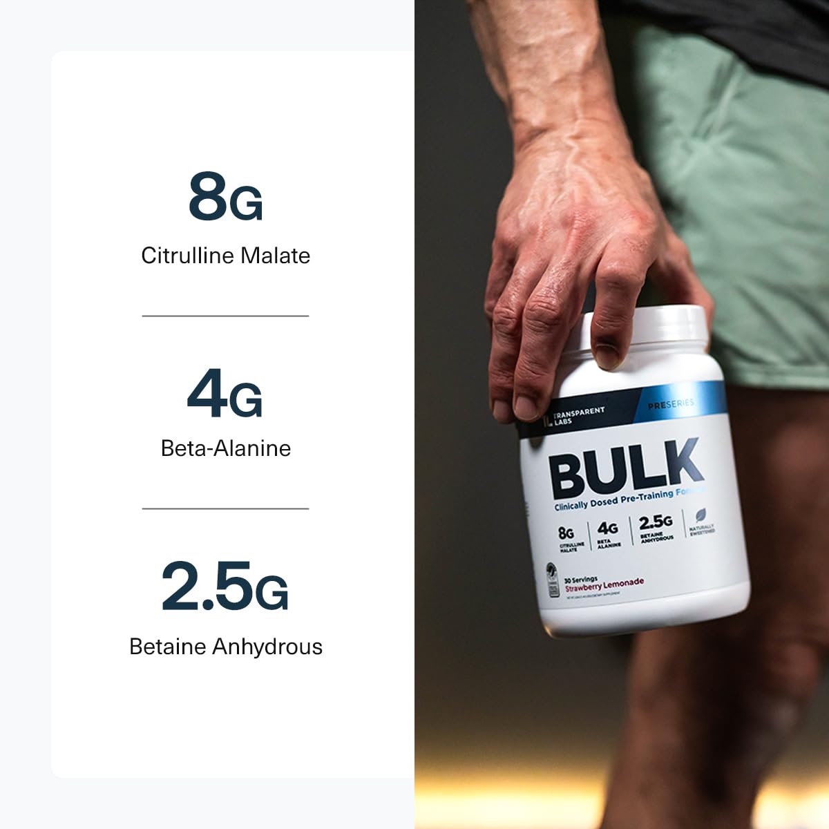 Transparent Labs Bulk Pre Workout Powder - Naturally Sweetened Preworkout for Men & Women, Pre Work Out for Muscle Building & Strength w/Beta Alanine & BetaPure - 30 Servings, Strawberry Lemonade