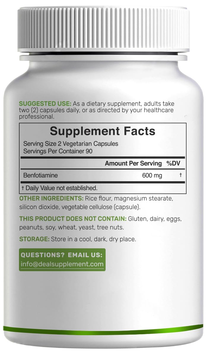 Benfotiamine 600mg Per Serving, 180 Veggie Capsules (300mg Per Cap) – Fat Soluble Vitamin B1 Thiamine Supplement DEAL SUPPLEMENT