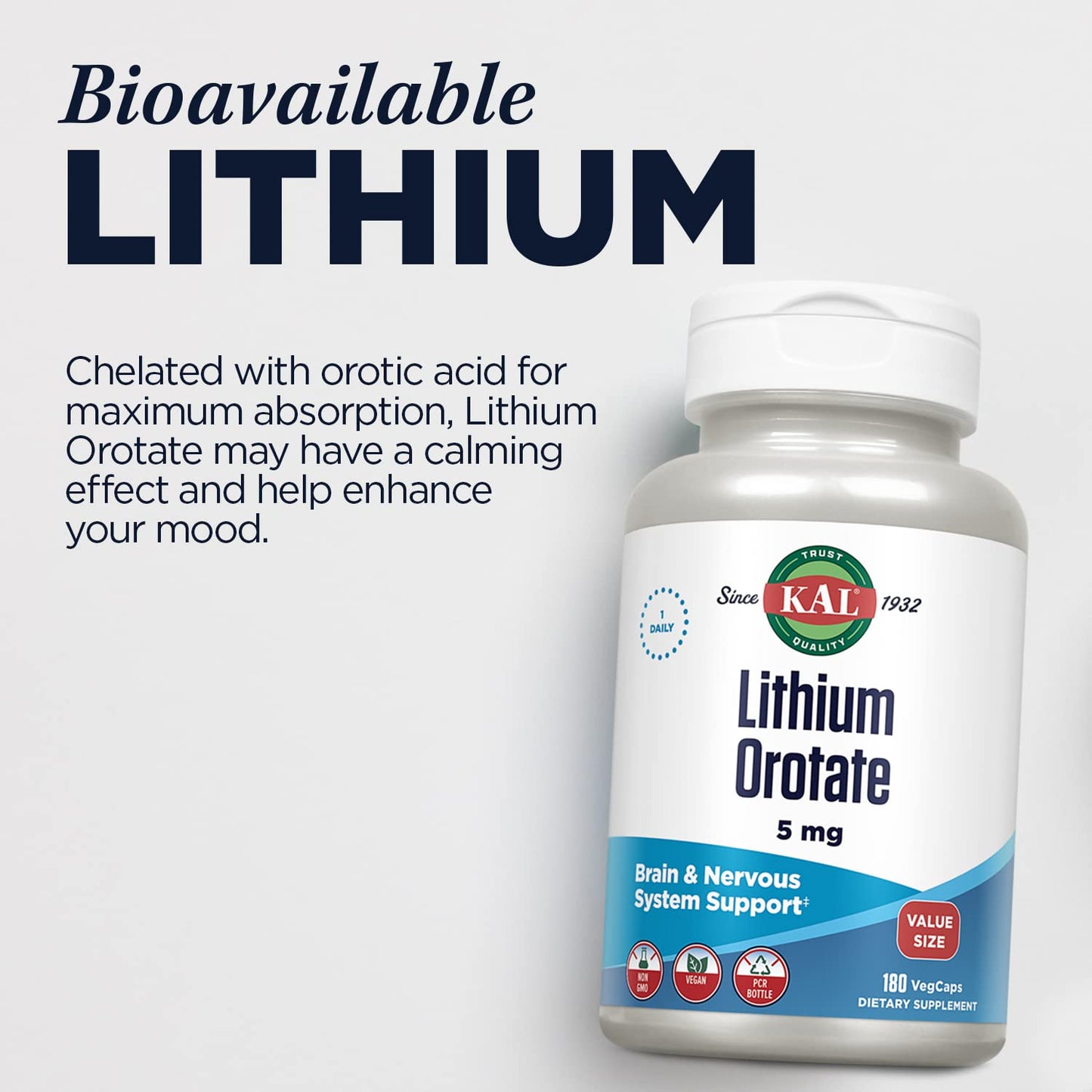 KAL Lithium Orotate 5mg, Low Dose Lithium Supplement for General Wellness Mood Support, Highly Bioavailable, Vegan, 60-Day Guarantee, KAL