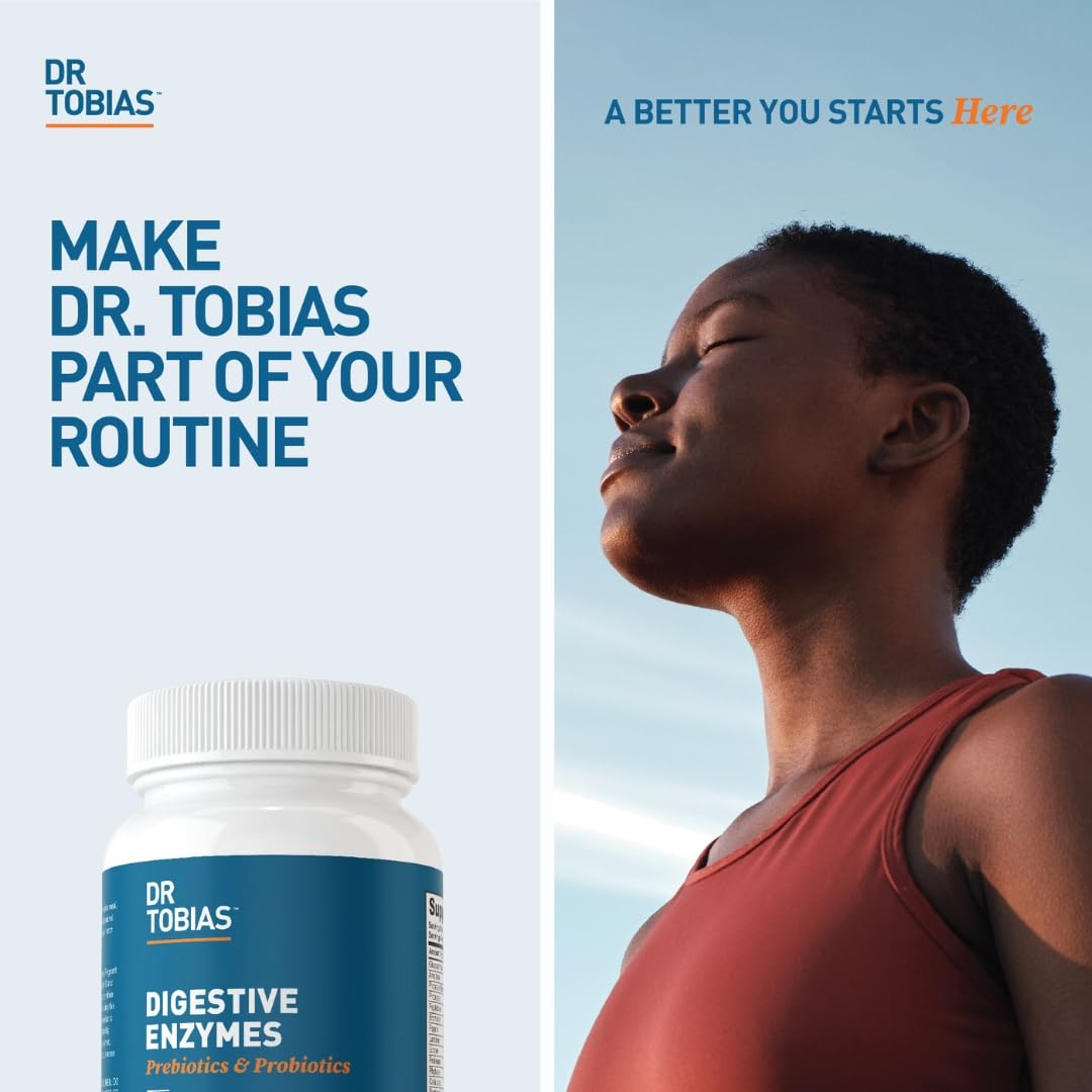 Dr. Tobias Digestive Enzymes with Probiotics, Prebiotics and Postbiotics Bromelain, Amylase, Lipase, for Better Digestion & Immune Function, 60 Capsules, 30 Servings (2 Daily)