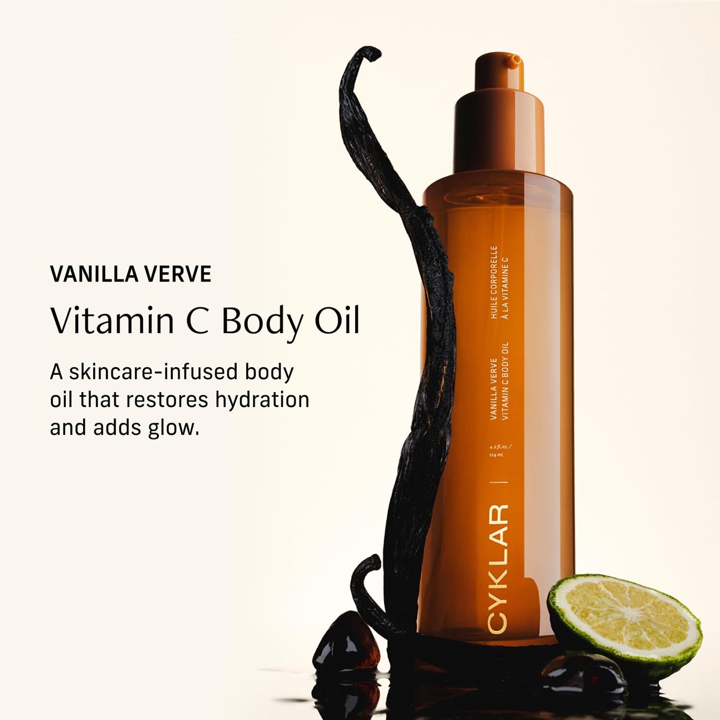 CYKLAR Vitamin C Body Oil for Women and Men. Moisturizing Vanilla Verve Scented Body Serum for Glowing Skin. Nourishing CYKLAR