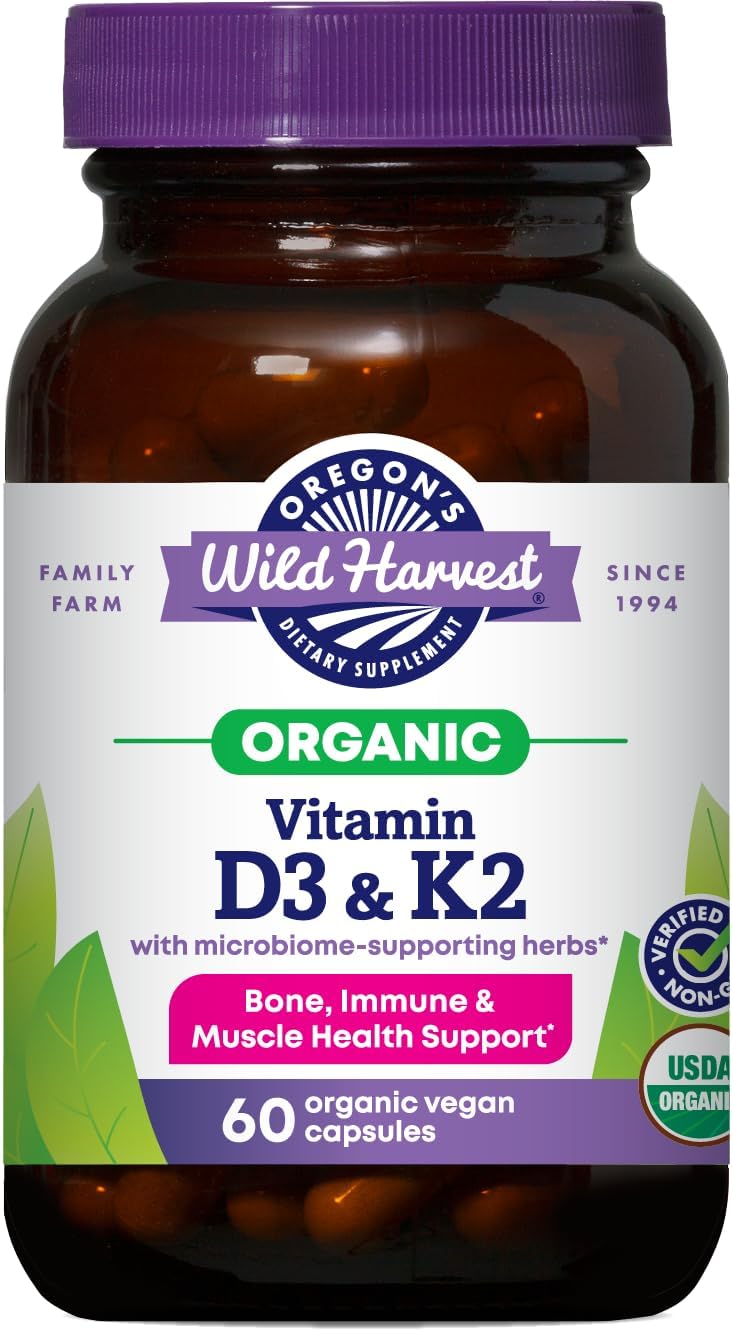 Oregon’s Wild Harvest Organic Vitamin D3 & K2 – Bone, Immune & Muscle Health Support – Vegan Capsules with Microbiome-Supporting Herbs, Aquamin® Trace Minerals, USDA Organic, 60 Ct Gsupps Australia