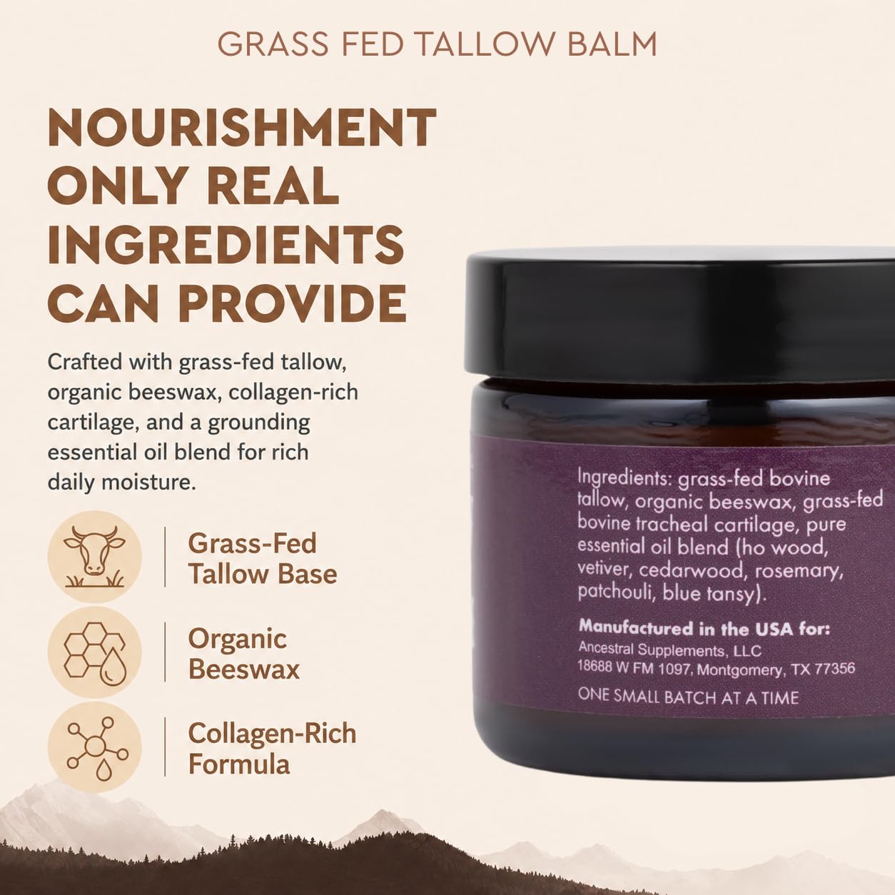 Ancestral Supplements Tallow Balm with Collagen – Grass Fed Beef Tallow Balm for Face & Body – Whipped Tallow Moisturizer Rich in Vitamins A, D, E & K – Essential Oil Blend Scent – 2 oz