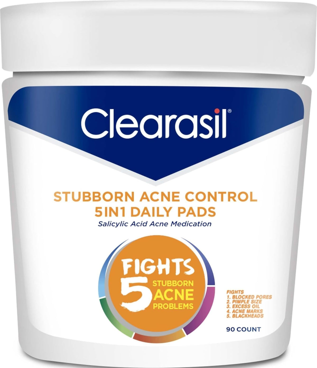 Clearasil Stubborn Acne Control 5in1 Daily Facial Cleansing Pads, with Salicylic Acid Acne Treatment Medicine, 90 Count Clearasil