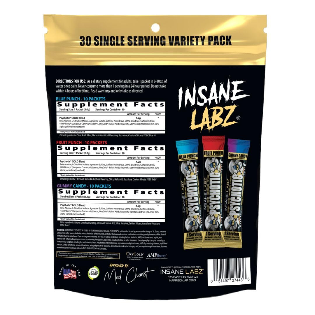 Insane Labz Psychotic Gold, High Stimulant Pre Workout Powder, Extreme Lasting Energy Focus, Pumps and Endurance with Beta Alanine, DMAE Bitartrate, NO Booster (35 Servings, Watermelon)