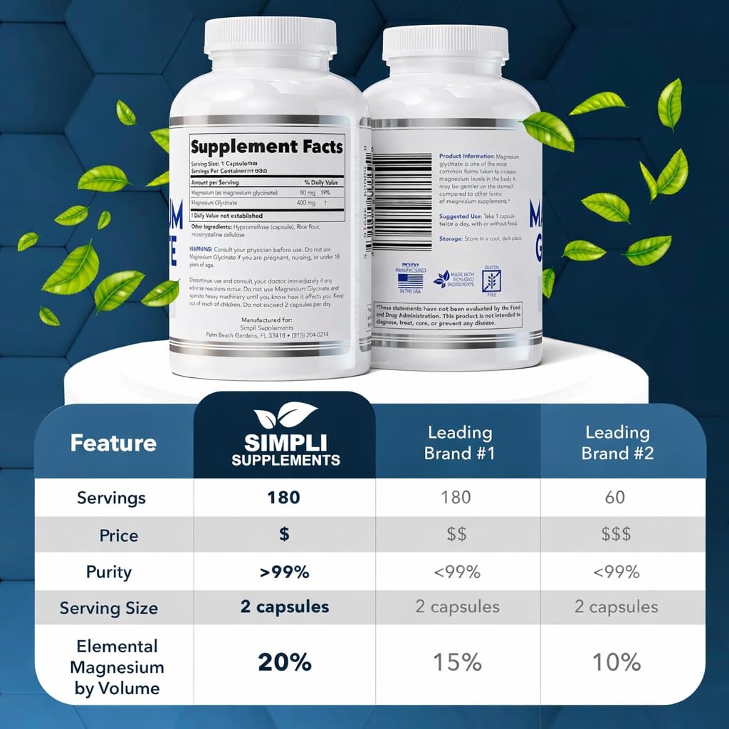 Magnesium Glycinate 400mg per Serving – High Absorption – Gentle on Stomach – Supports Sleep, Relaxation, Muscle, Bone & Immune Health – Non-GMO, Vegan, 180 Capsules Simpli Supplements buy australia supplements