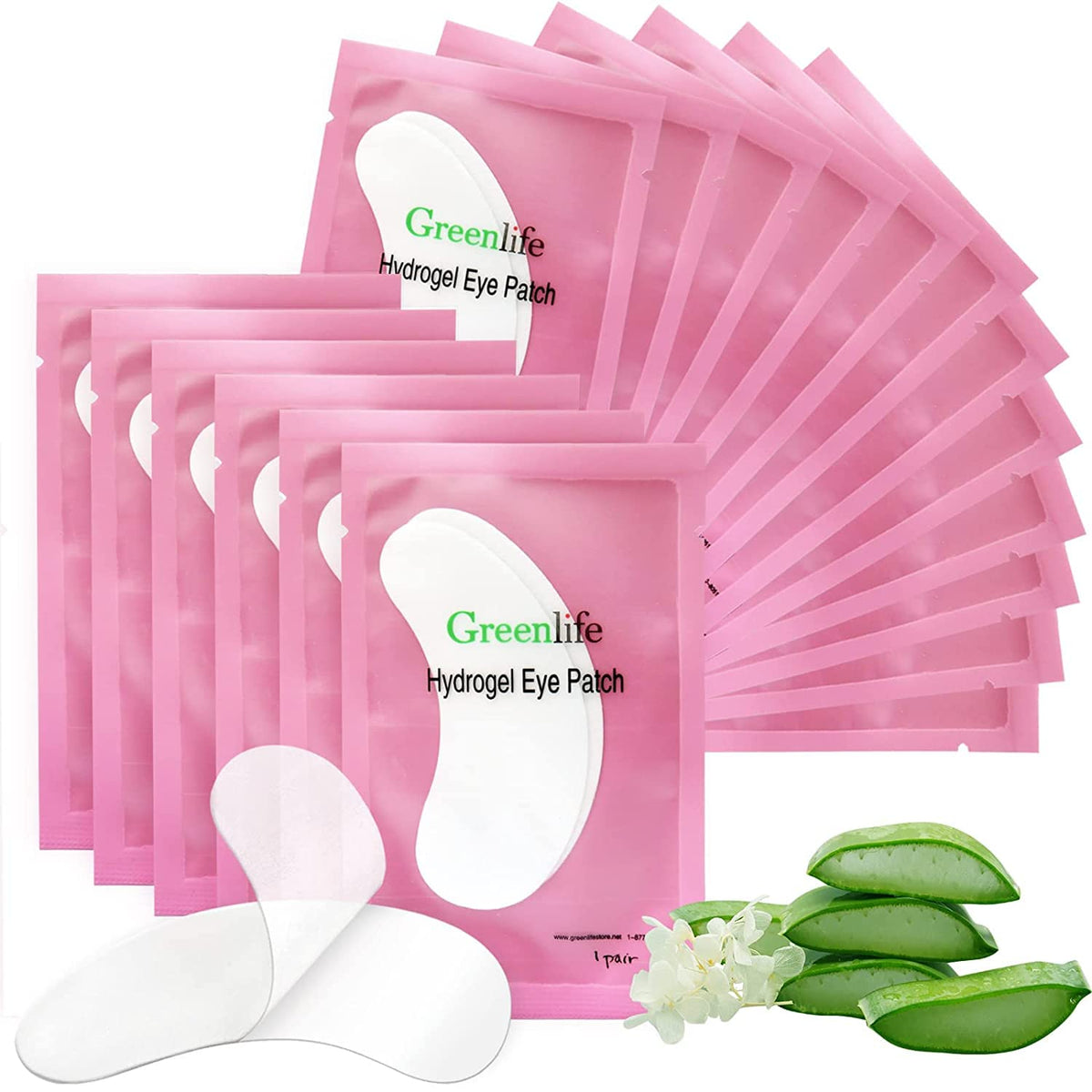 100 Pairs GreenLife Natural Hydrogel Eye Gel Pads - Collagen and Aloe Vera Patches for Under Eyes - Eyelash Extension Kit GreenLife