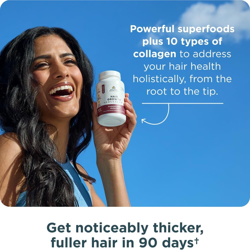 Ancient Nutrition Hair Growth + Collagen Supplement, Hydrolyzed Collagen Peptides, Clinically Studied Superfoods for Hair Growth Support, Thicker, Fuller Hair and Radiant Skin, 60 Count Gsupps Australia