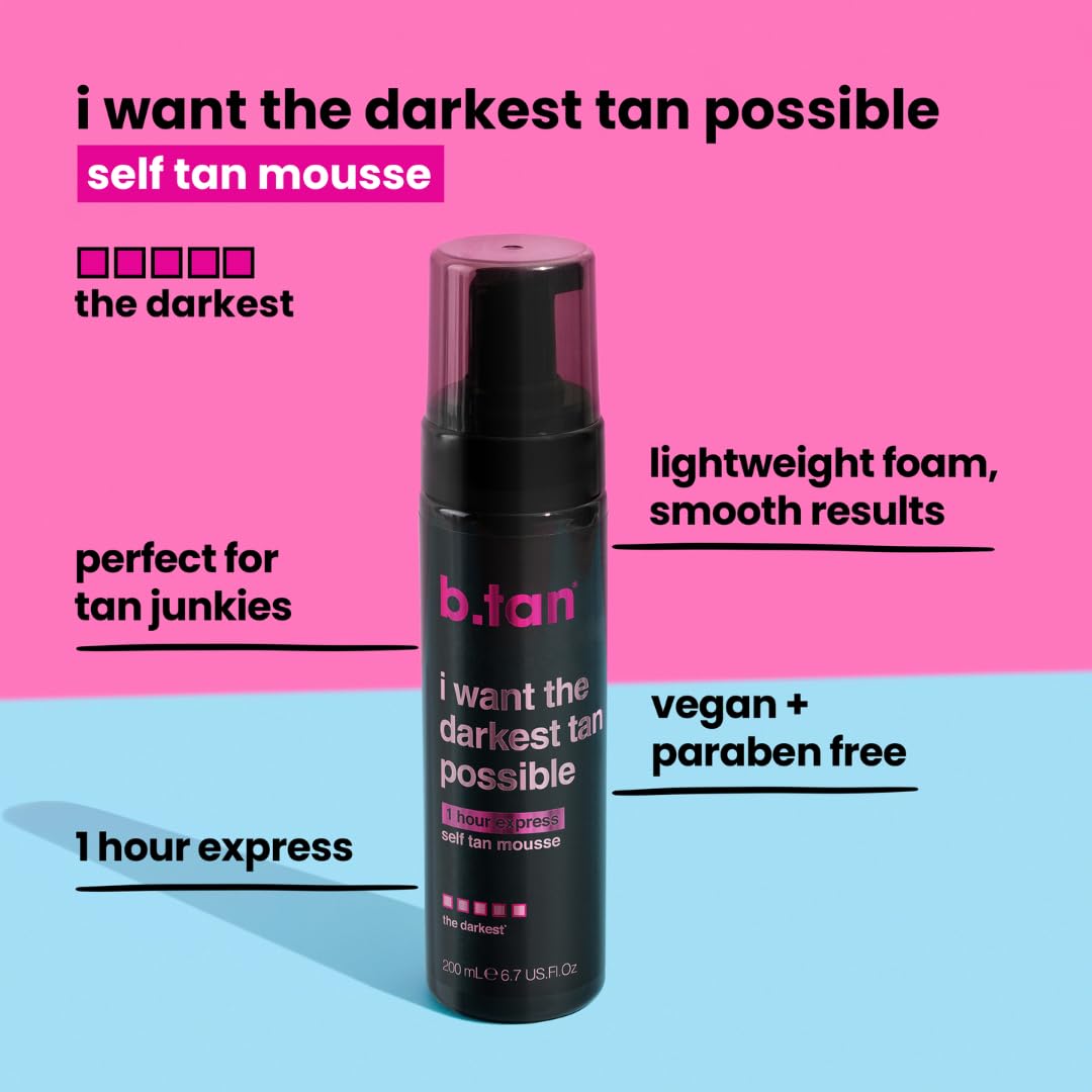 b.tan Ultra Dark Self Tanner Mousse | I Want The Darkest Tan Possible - Fast, 1 Hour Express Sunless Tanning Foam, Golden Bronzing Glow, Face & Body, No Fake Tan Smell, Vegan, Cruelty Free, 6.7 Fl Oz B.TAN