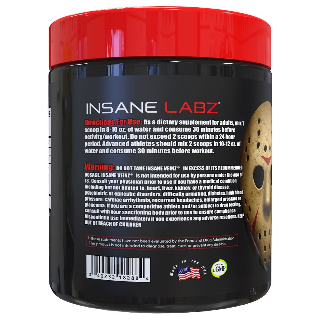Insane Labz Insane Veinz Non Stimulant NO Enhancing Powder, Nitric Oxide Booster, Loaded with Agmatine Sulfate and Betaine Anhydrous, Increase Vascularity, 35 Srvgs, Fruit Punch