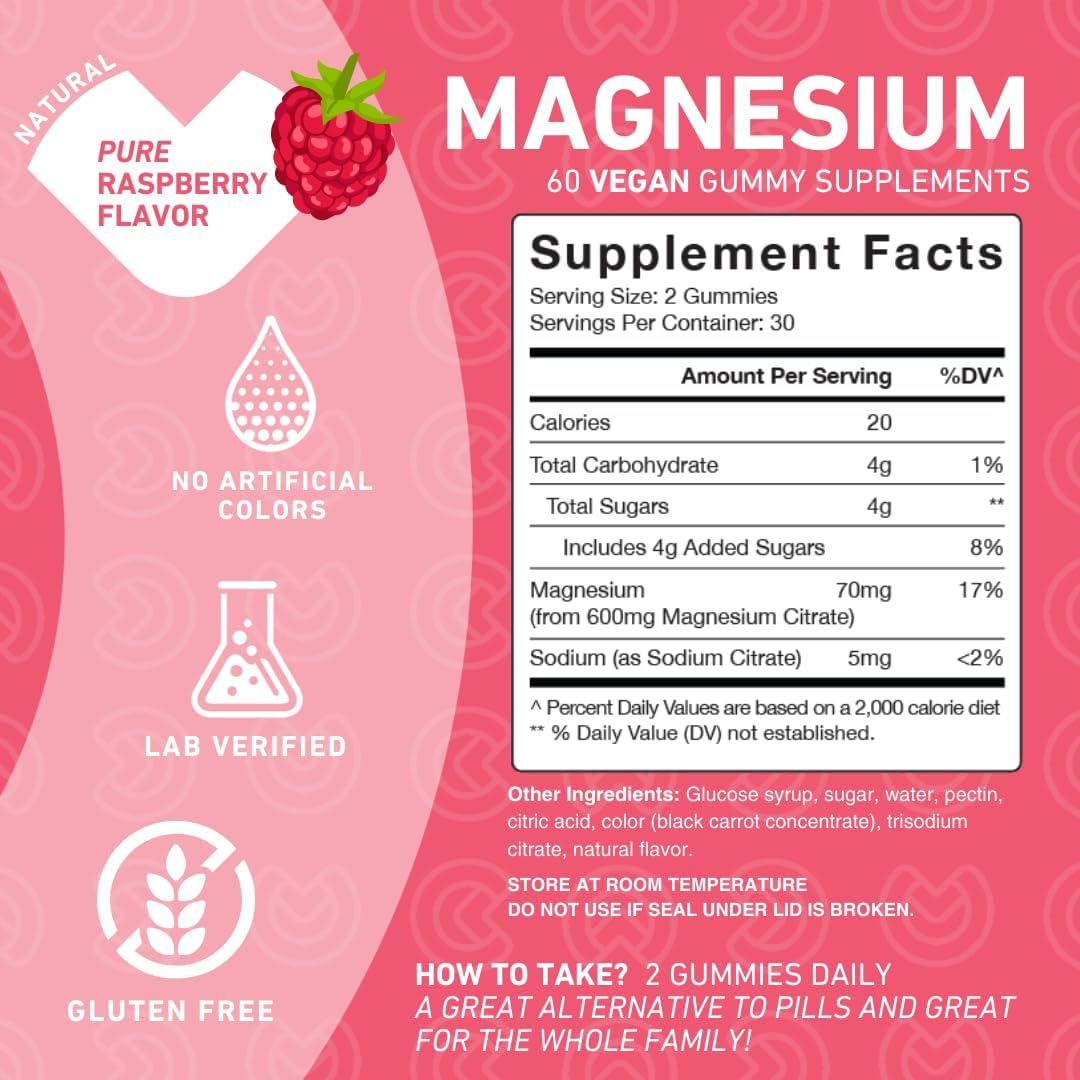 Magnesium Citrate Gummies 600 mg for Adults – High Absorption Supplement for Cramps, Muscle Recovery, Sleep, Bone, and Energy Support – Non-GMO, Allergen Free – 60 Vegan Gummies (Pack of 2)