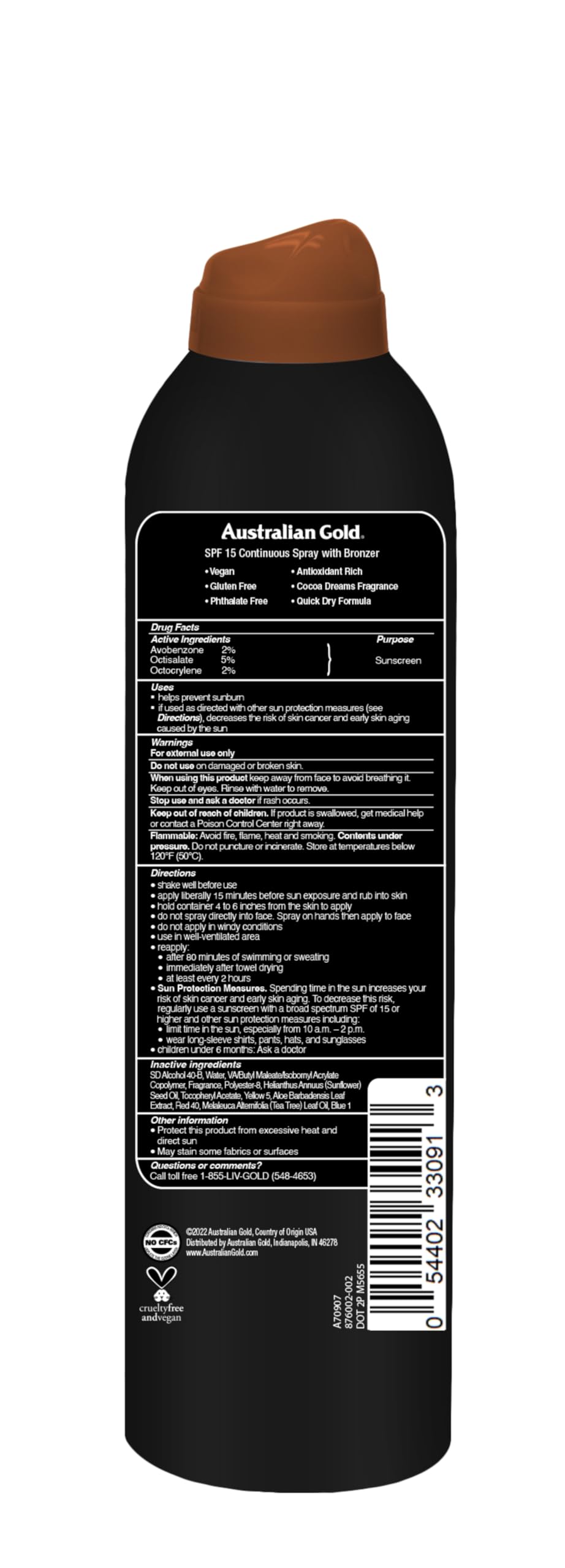 Australian Gold Continuous Spray Sunscreen SPF 15 | Instant Bronzer, 6 Fl Australian Gold