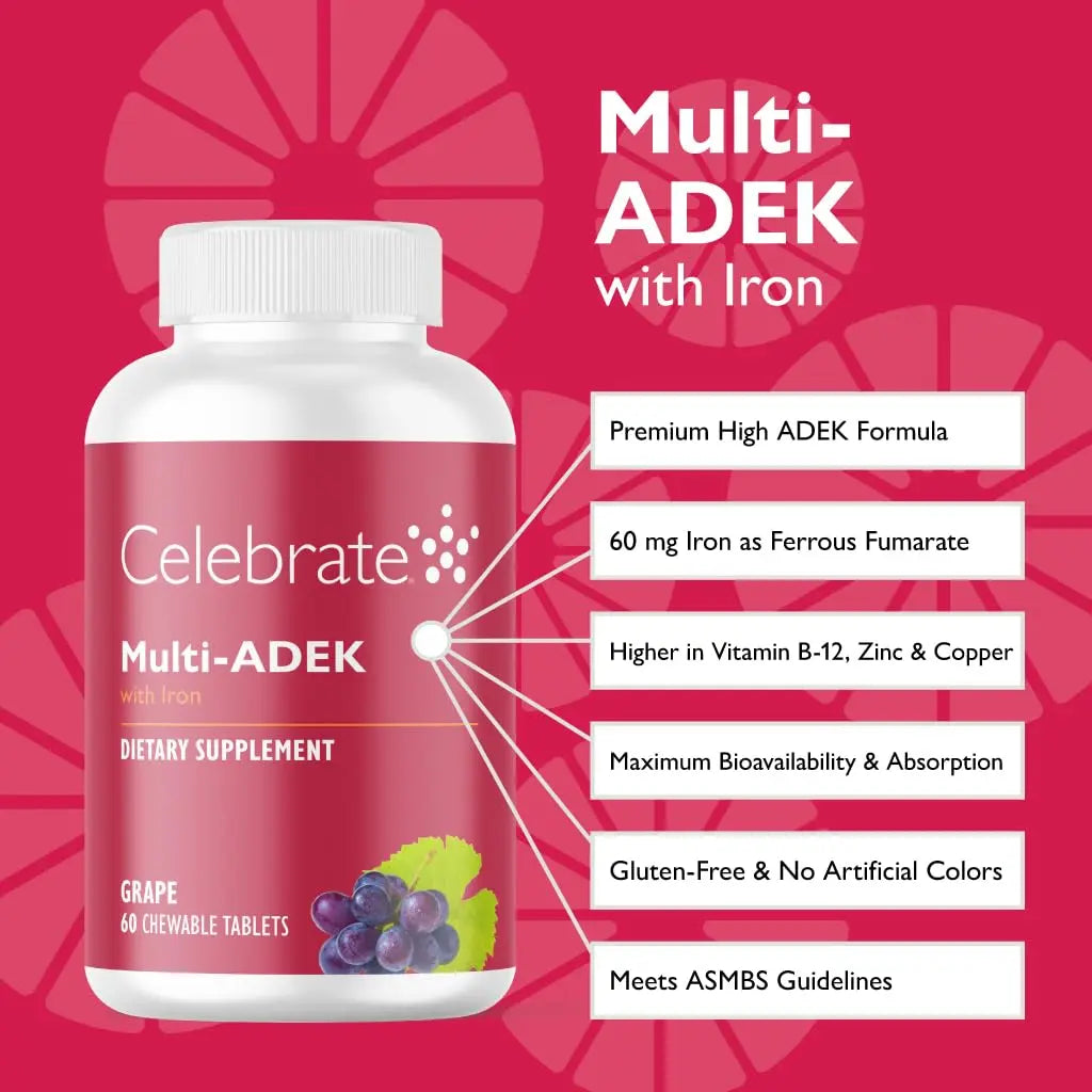 Celebrate Vitamins Multi ADEK Chewables, 60mg Iron - Daily Bariatric Multivitamin, Vitamins A, D, E, K & B12 for Duodenal Switch Surgery Patients Celebrate Bariatric Supplements buy australia supplements